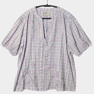 Johnny Was Malo Pastel Plaid Embroidered Puff Sleeve Blouse XL Floral Spring